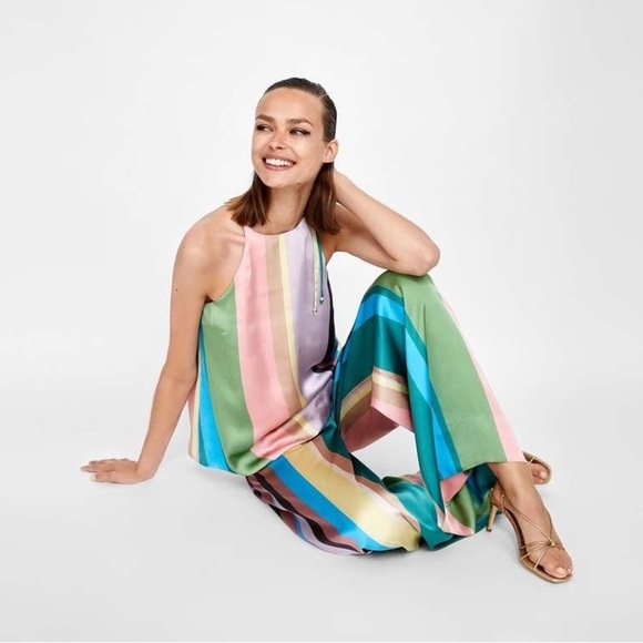 ZARA Pastel Striped Open Back Halter Top & Flowy Palazzo Pants 2pc Coord Set NWT - Picture 3 of 9